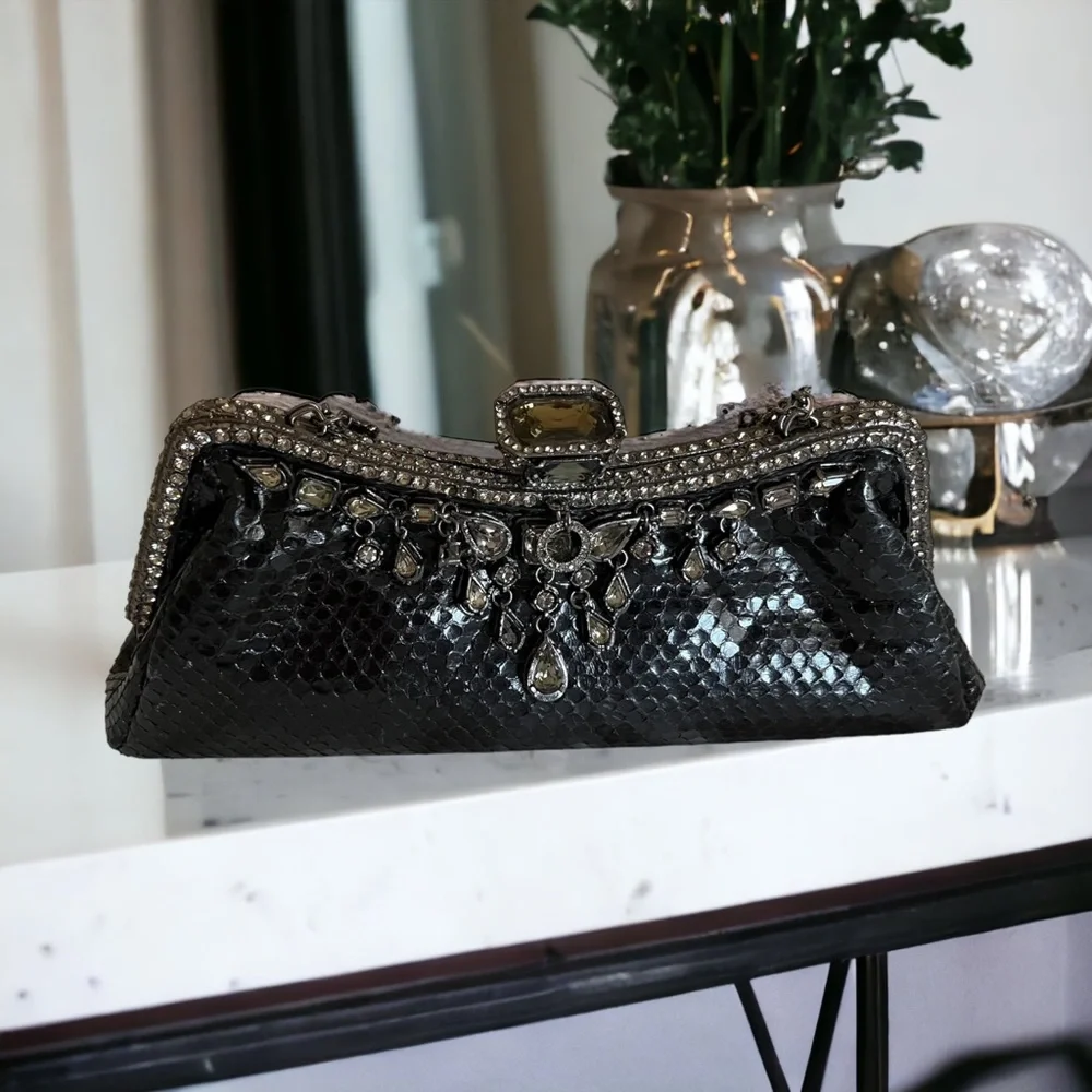 CLARA KASAVINA hand made black snake skin handbag clutch bag - Picture 2 of 16